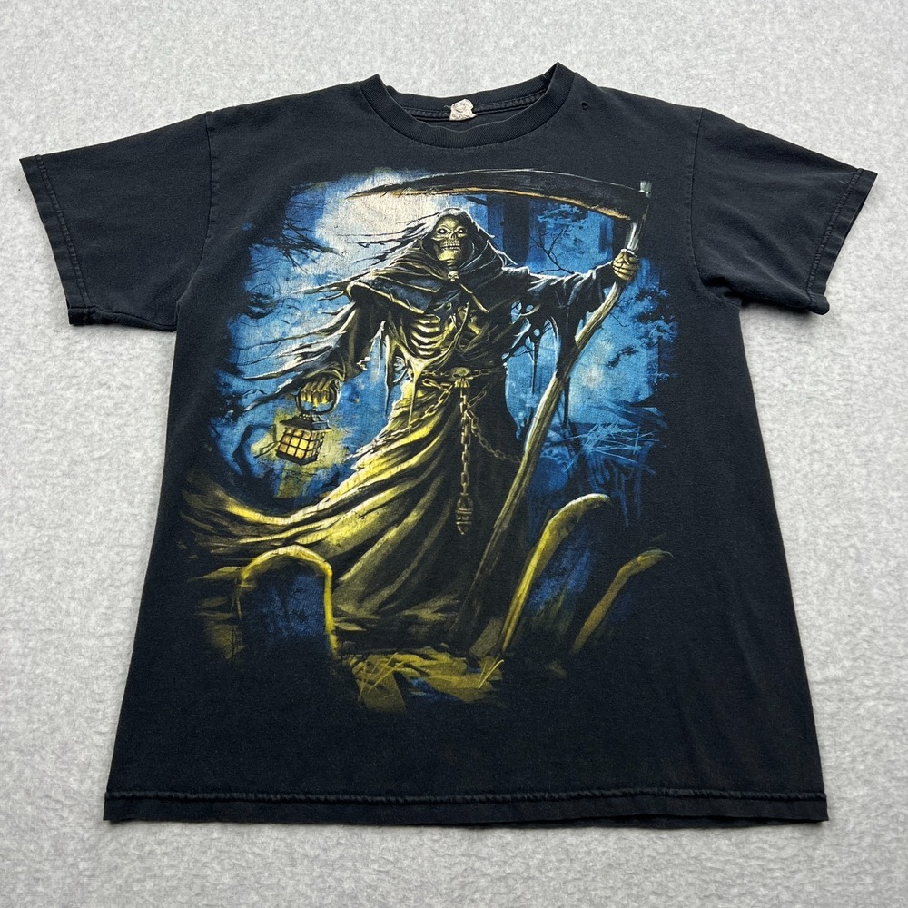 VTG Grim‎ Reaper Shirt Men's Medium Black Grunge Goth Emo Halloween Horror Y2K